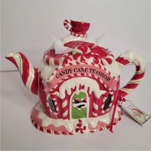 Blue Sky CANDY CANE TEASHOP Teapot House  red white